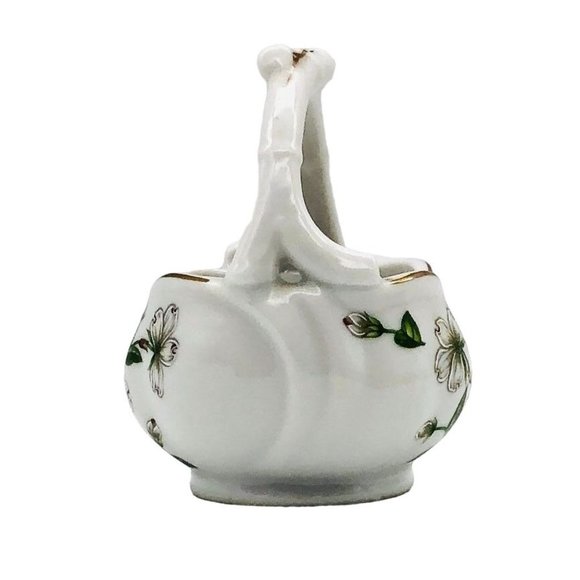 Vintage Lefton Porcelain Trinket Basket Hand Painted Dogwood Flowers Gilt Japan - Picture 2 of 9